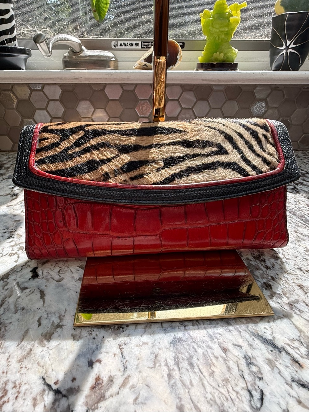 Red Croc-Embossed Clutch with Tiger Print Flap - Picture 2 of 9